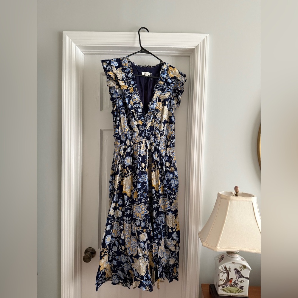 Elan Blue, Yellow, and White Plunge Sundress Midi